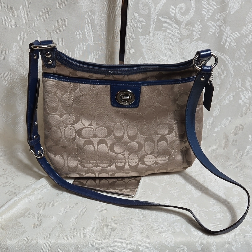 Coach Penelope Tan and Blue Satin With Patent Leather Crossbody Bag